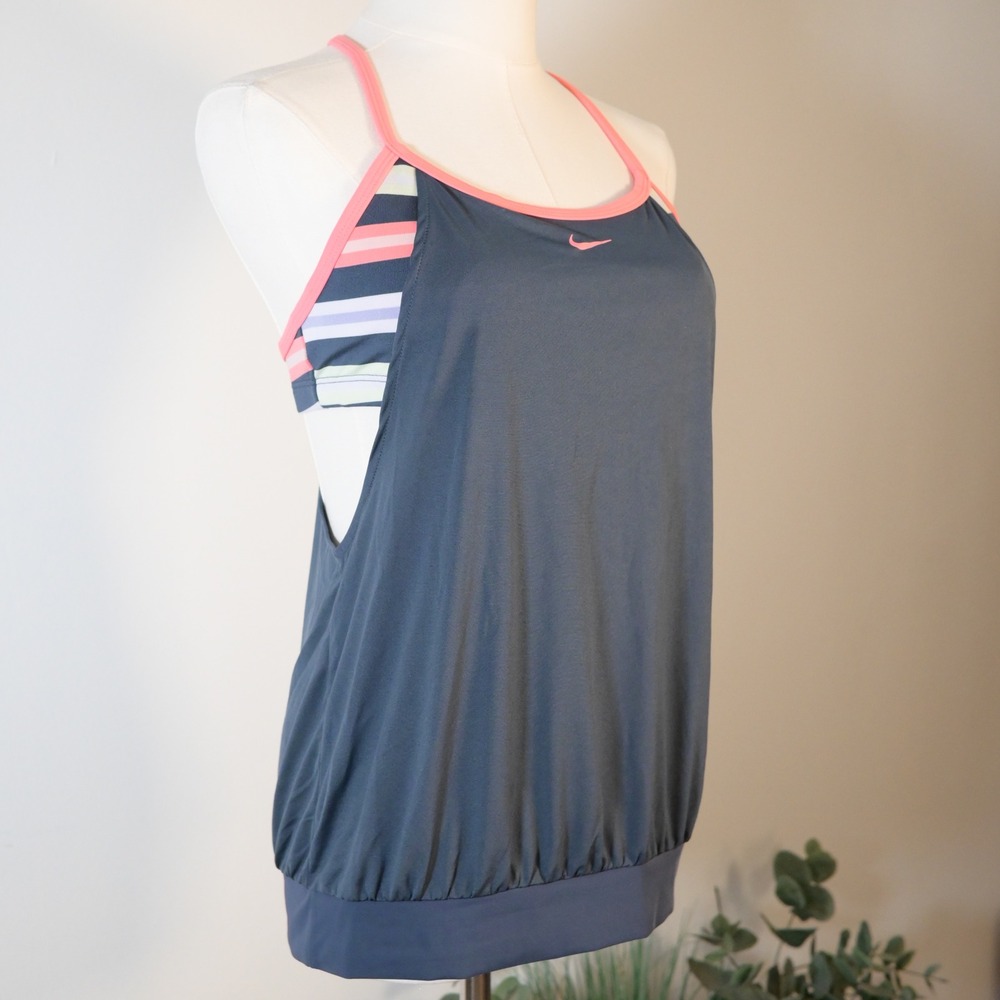 Nike Womens Tankini Swim Top Grey Pink Striped Blouson Racerback M NESS9216